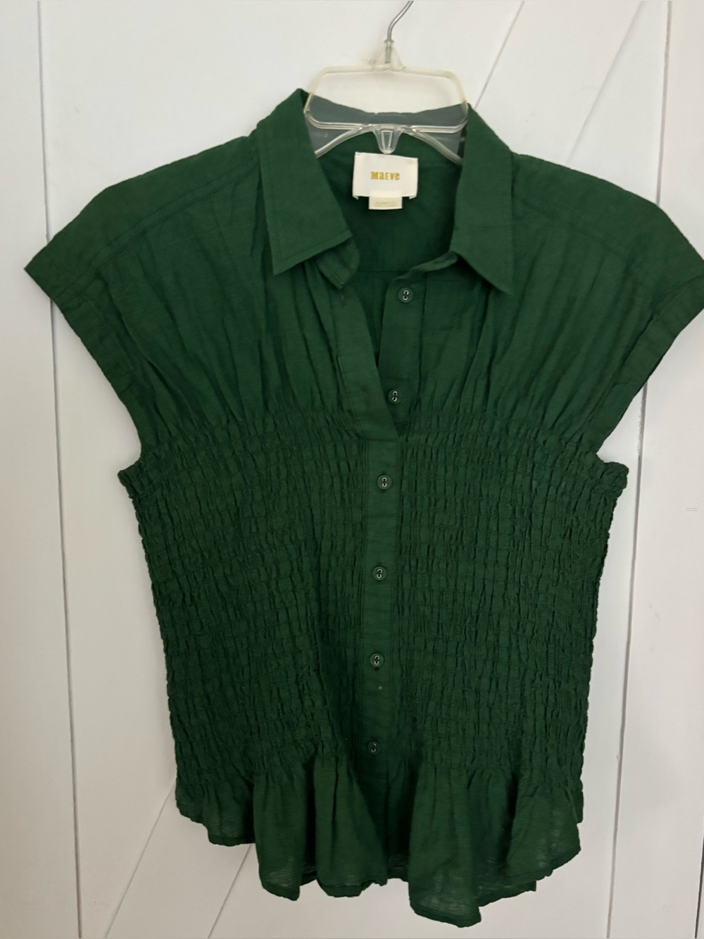Maeve Anthropologie Green Smocked Peplum Button Front Blouse XS